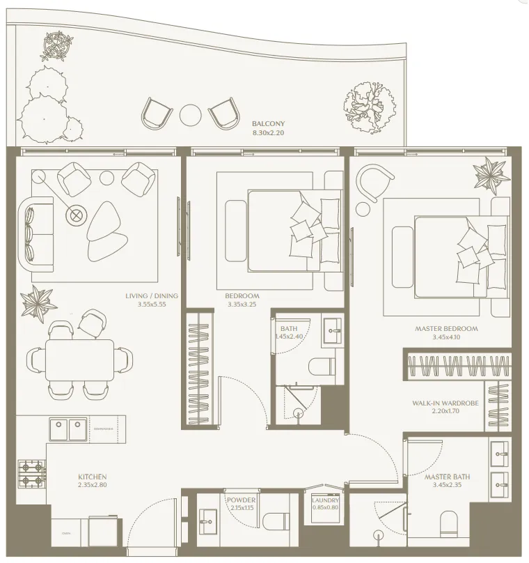 AYA Beachfront Residences 2 bed floor plan, 1,162 – 1,330 sqft