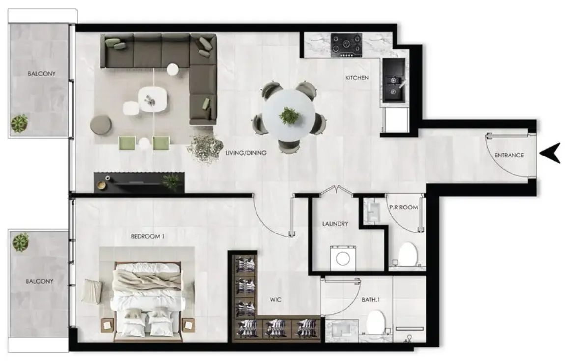 The Willows Residences 1 bed floor plan, 812 sqft