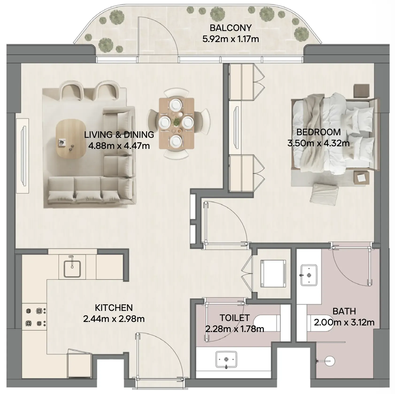 Mirasol II 1 bed floor plan, 970 sqft