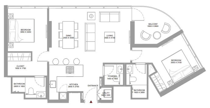 Yachtside Marina Residences 2 bed floor plan, 1,022 sqft