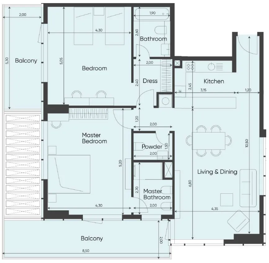 Sea Legend Tower One 2 bed floor plan, 1,555 sqft