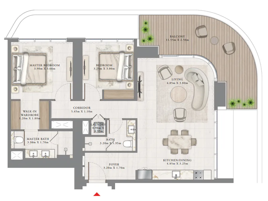 Seapoint 2 bed floor plan, 1,383 sqft