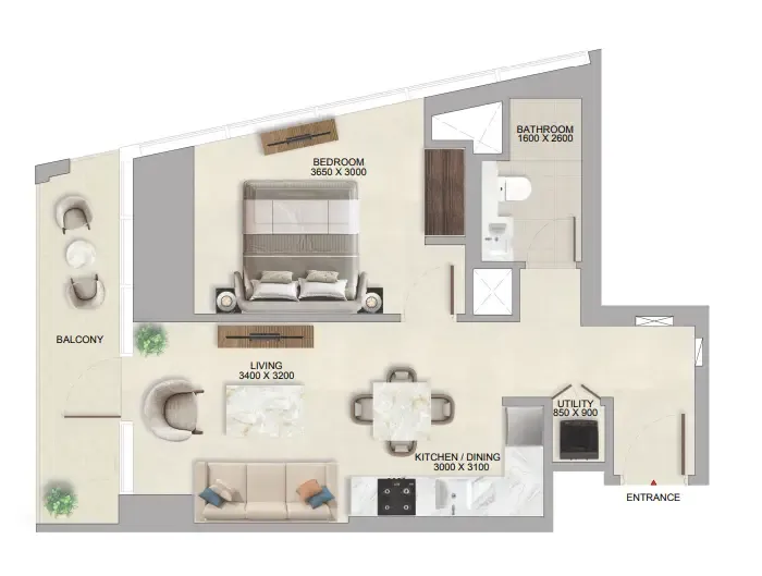 The Tranquil at Sobha Central 1 bed floor plan, 686 sqft