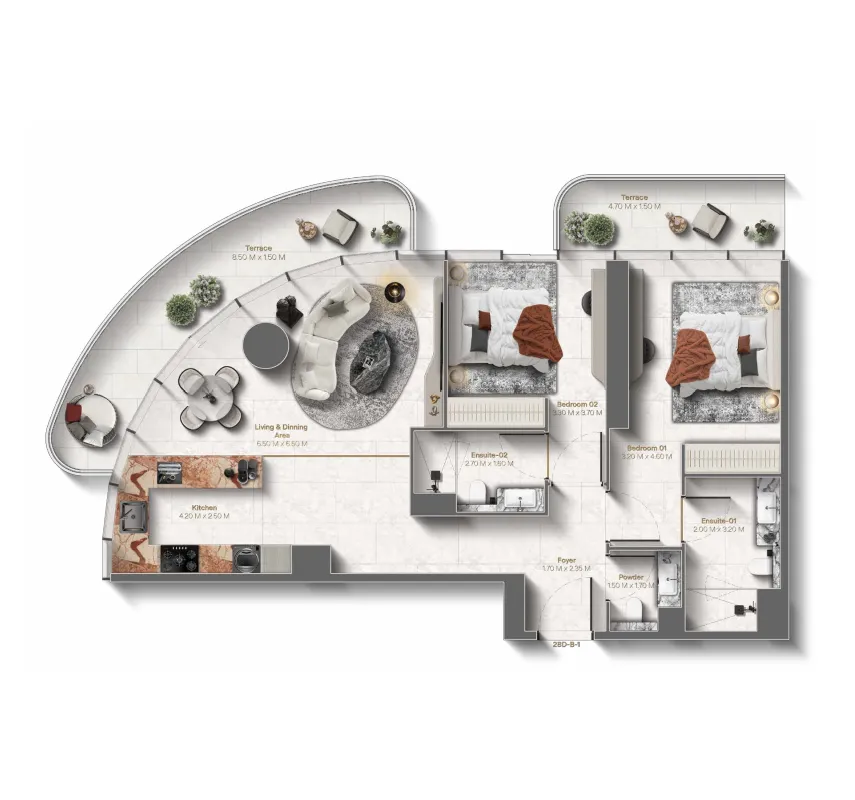 Le Château 2 bed floor plan, 1,265 sqft