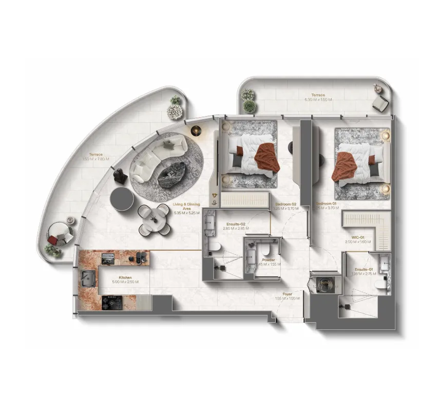 Le Château 2 bed floor plan, 1,303 sqft