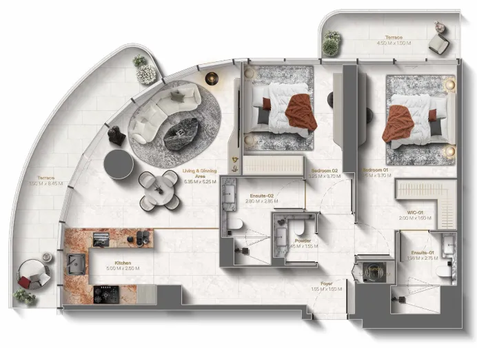 Le Château 2 bed floor plan, 1,286 – 1,299 sqft