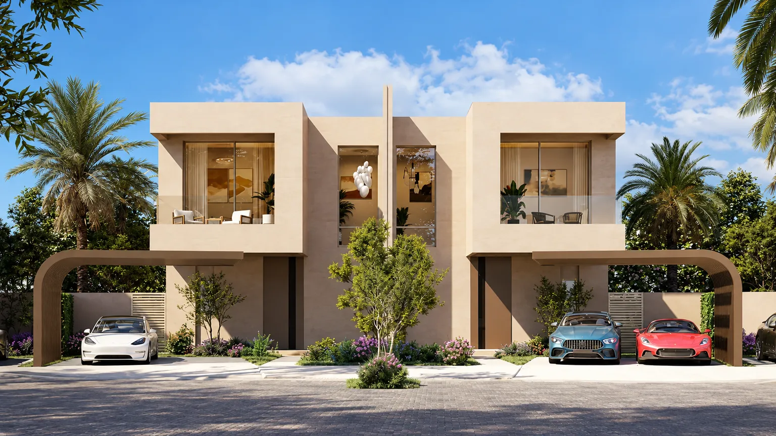 A row of townhouses from the street: cream two-storey homes with curved carports, two cars under each, palms behind