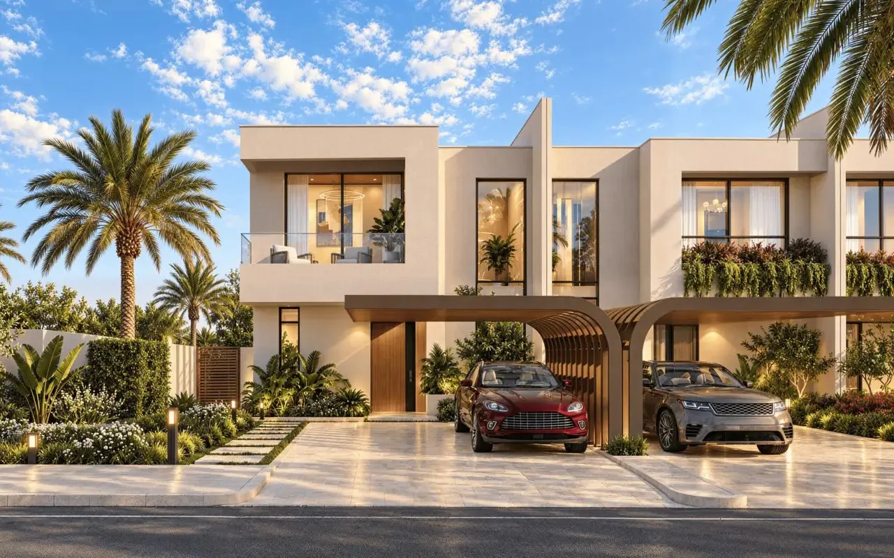 A townhouse from the street under palms: a two-storey cream home with a curved carport and two cars