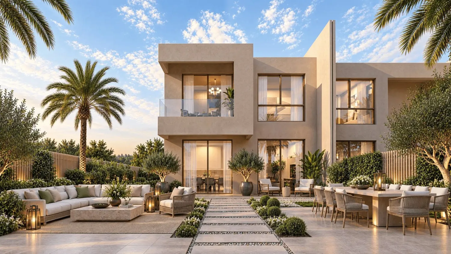 A townhouse garden in the evening: outdoor sofas and a dining table on a terrace, stepping stones across the lawn and the two-storey home behind
