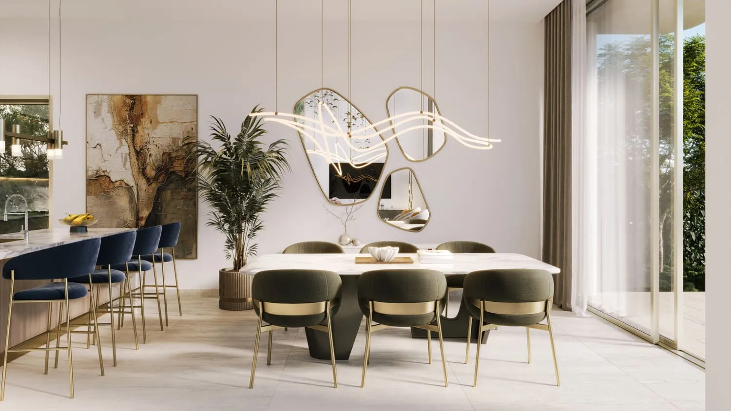 A dining room: a marble table with green chairs under a sculptural pendant, a bar with blue stools at left and tall glazing