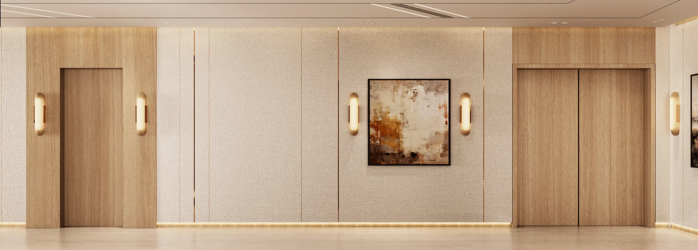 A lift lobby in panorama: a timber lift door, a pair of double lift doors, four brass wall lights and an abstract painting on a textured cream wall