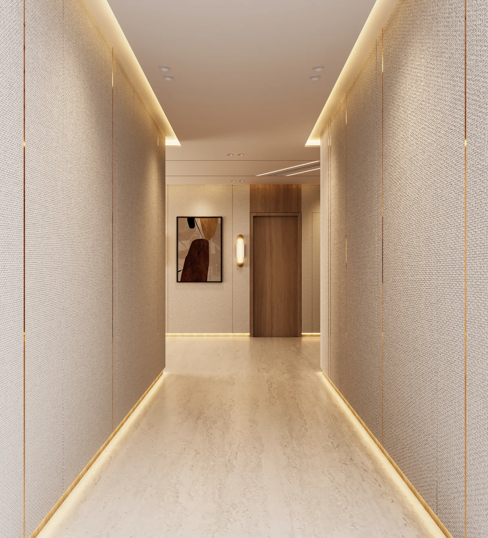 A corridor lit by cove lighting leading to a pair of lift doors, with a plant at the end
