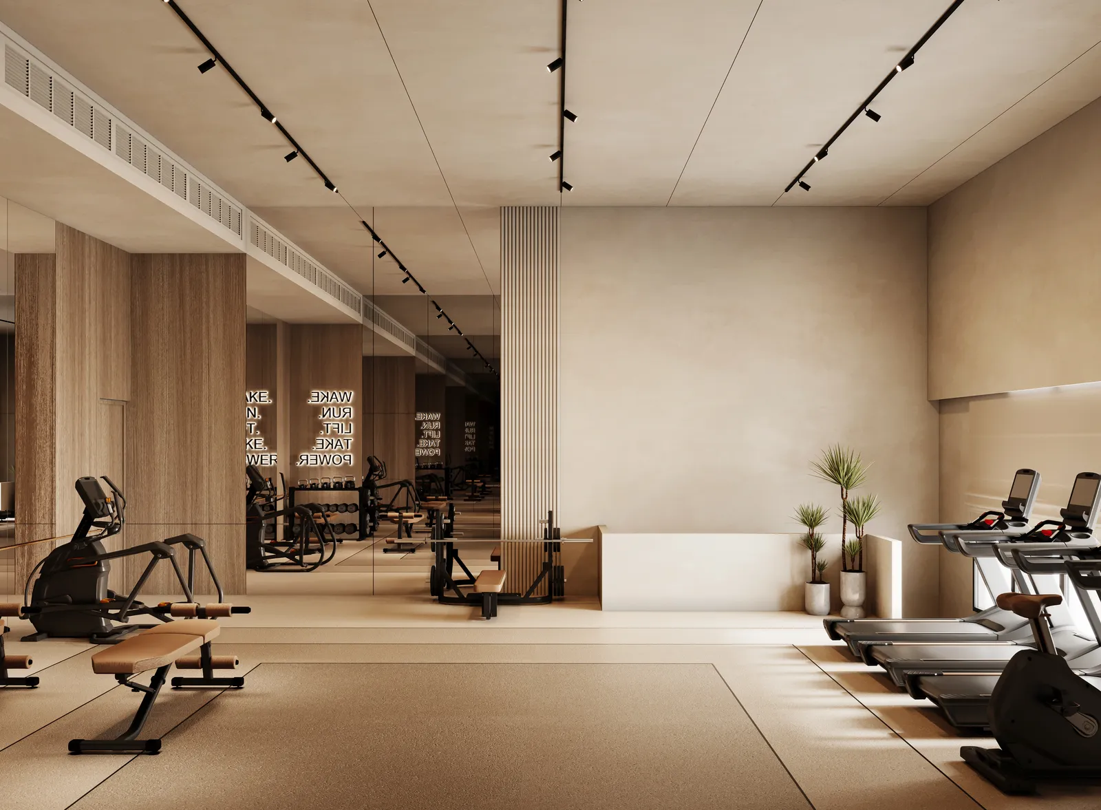 The gym: a weights bench and machines by a mirrored wall, planting on a ledge, track lighting above