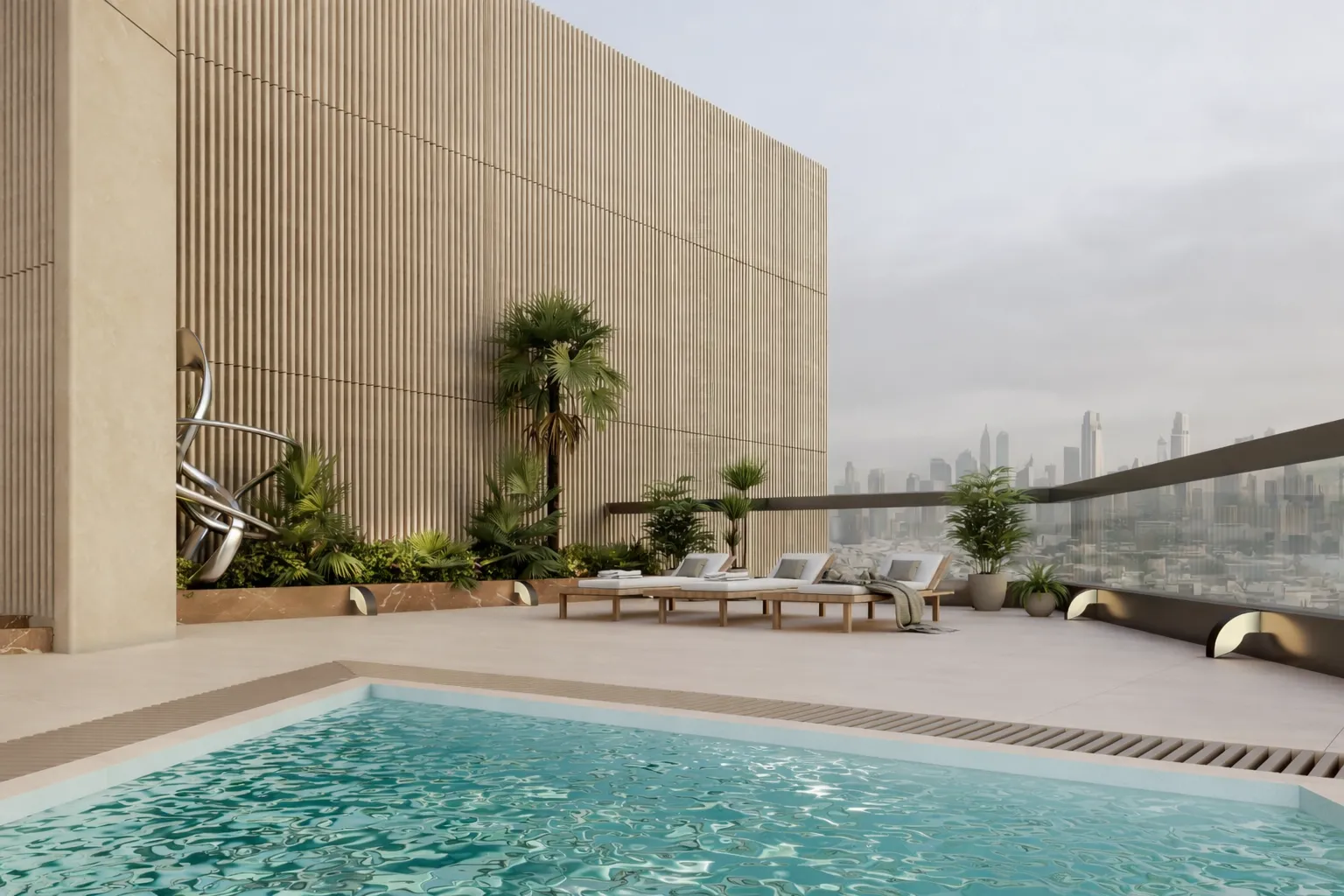 The pool deck: a rectangular pool beside three sun loungers, a fluted stone screen wall with planting, and the Abu Dhabi skyline beyond a glass balustrade