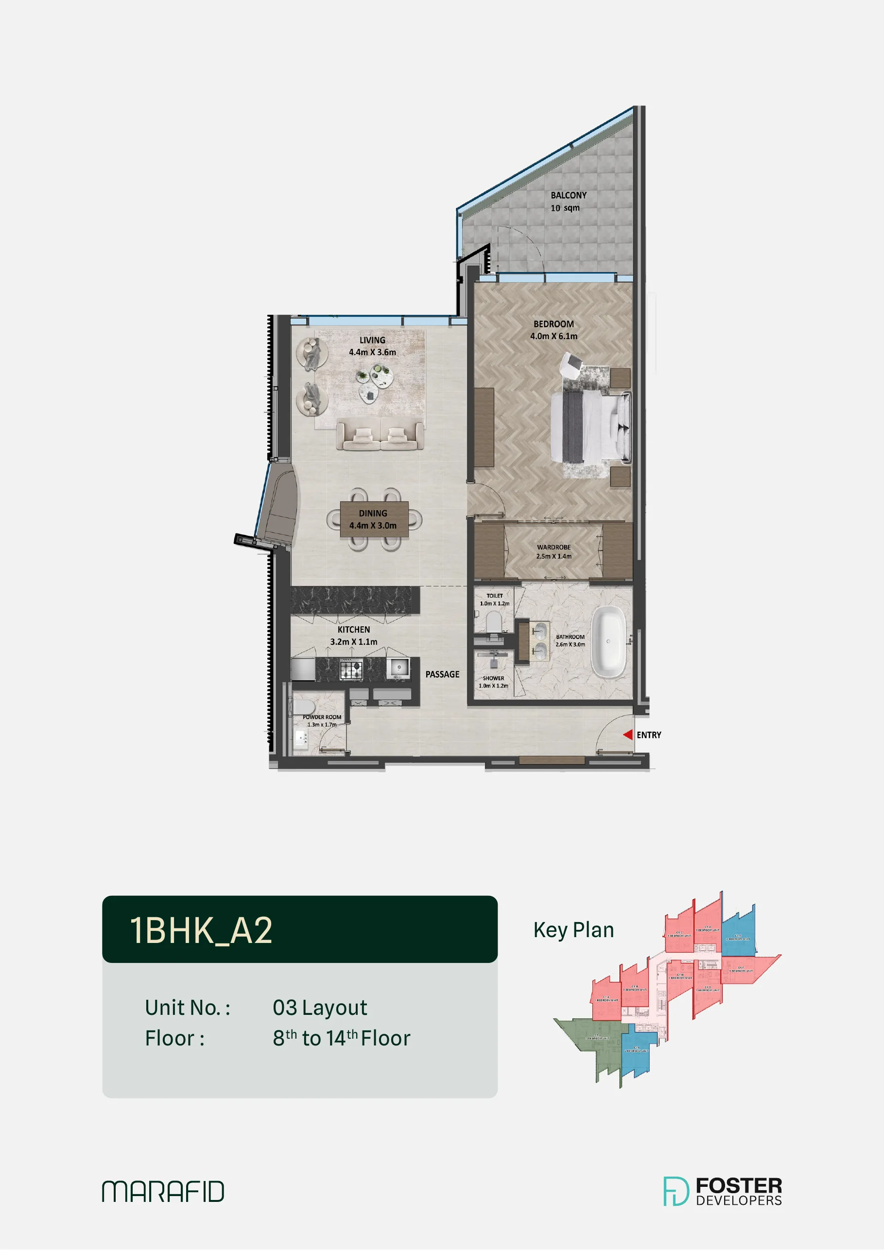 Marafid Tower 1 bed floor plan — Type A2, 1,232 sqft
