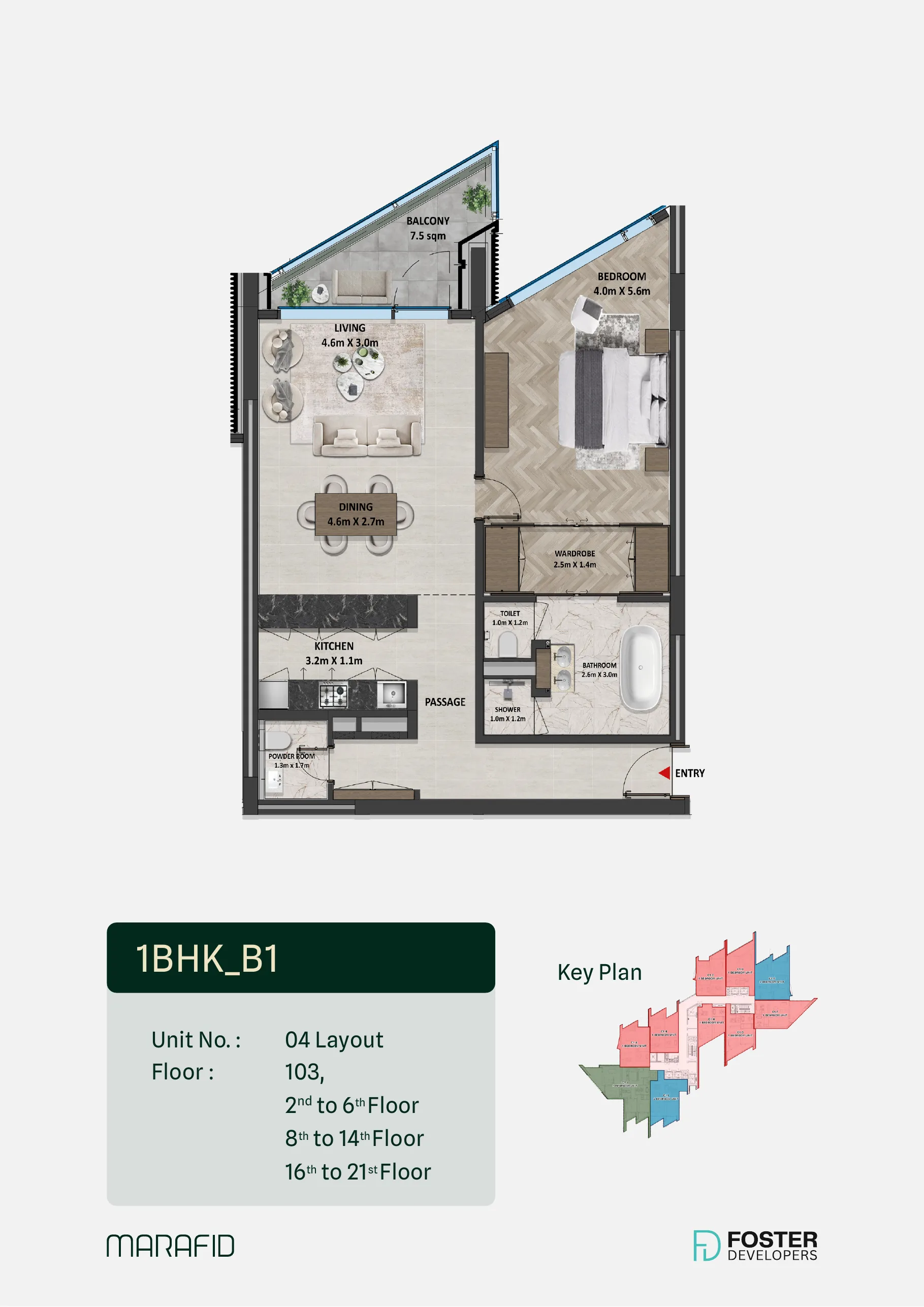 Marafid Tower 1 bed floor plan — Type B1, 1,111 sqft