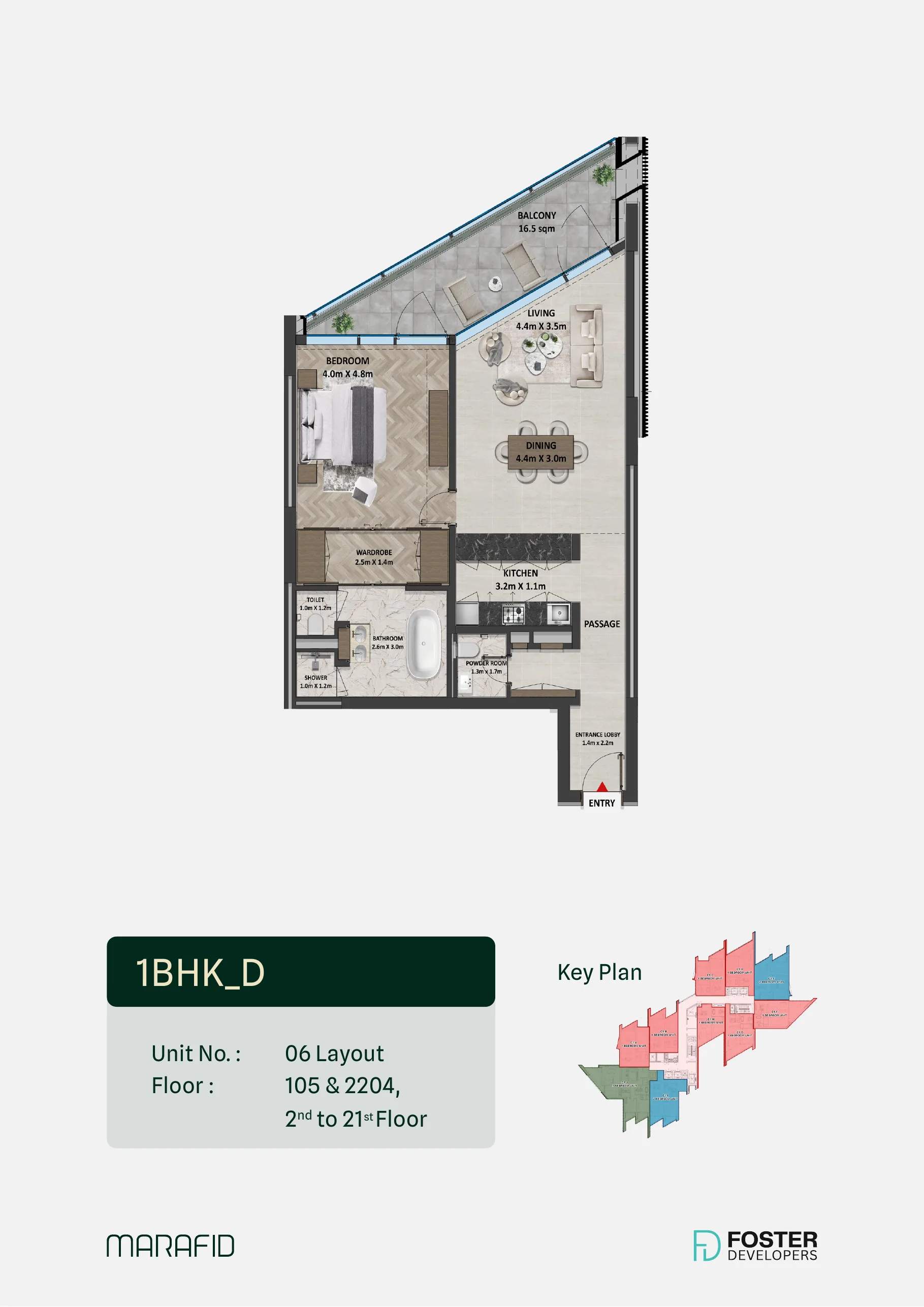Marafid Tower 1 bed floor plan — Type D, 1,206 sqft