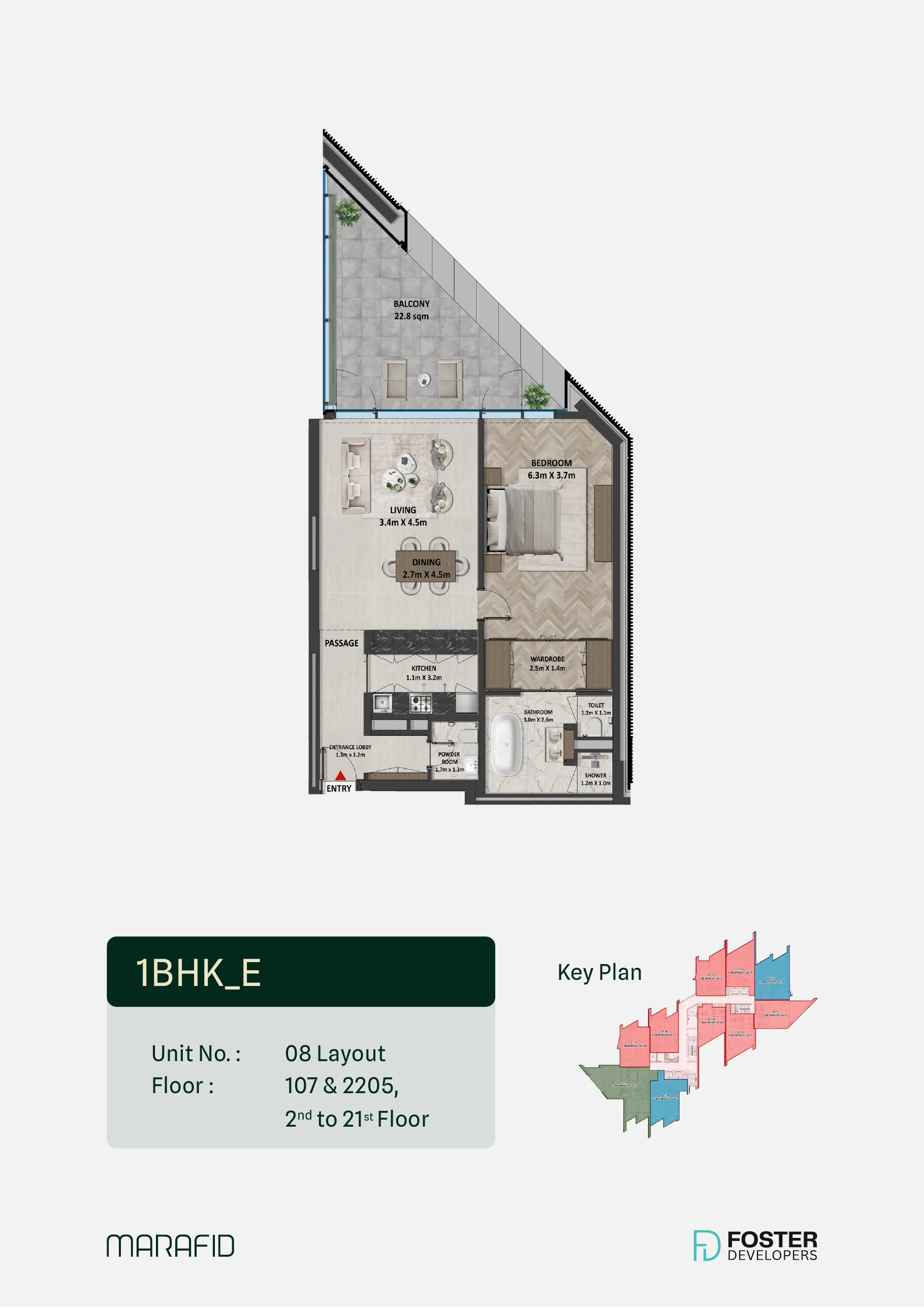 Marafid Tower 1 bed floor plan — Type E, 1,297 – 1,298 sqft