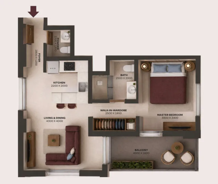 1 bed layout