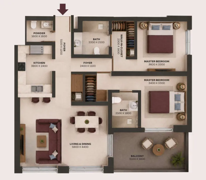 2 bed layout