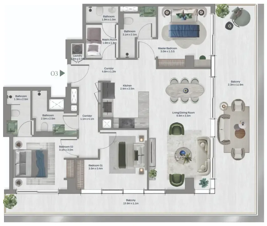 3 bed layout