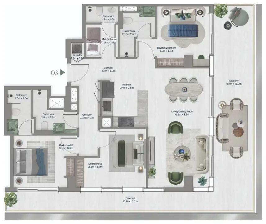 3 bed layout