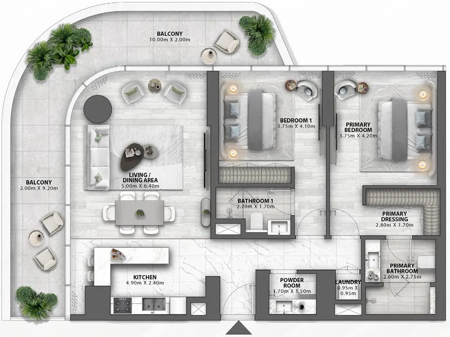 Passo by Beyond 2 bed floor plan, 1,636 – 1,821 sqft