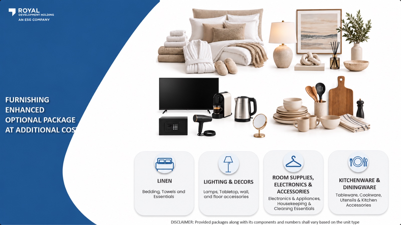 Furnishing enhanced optional package at additional cost: linen (bedding, towels and essentials), lighting and decor (lamps, tabletop, wall and floor accessories), room supplies, electronics and accessories (TV, espresso machine, kettle, hairdryer, safe, housekeeping and cleaning essentials), and kitchenware and diningware