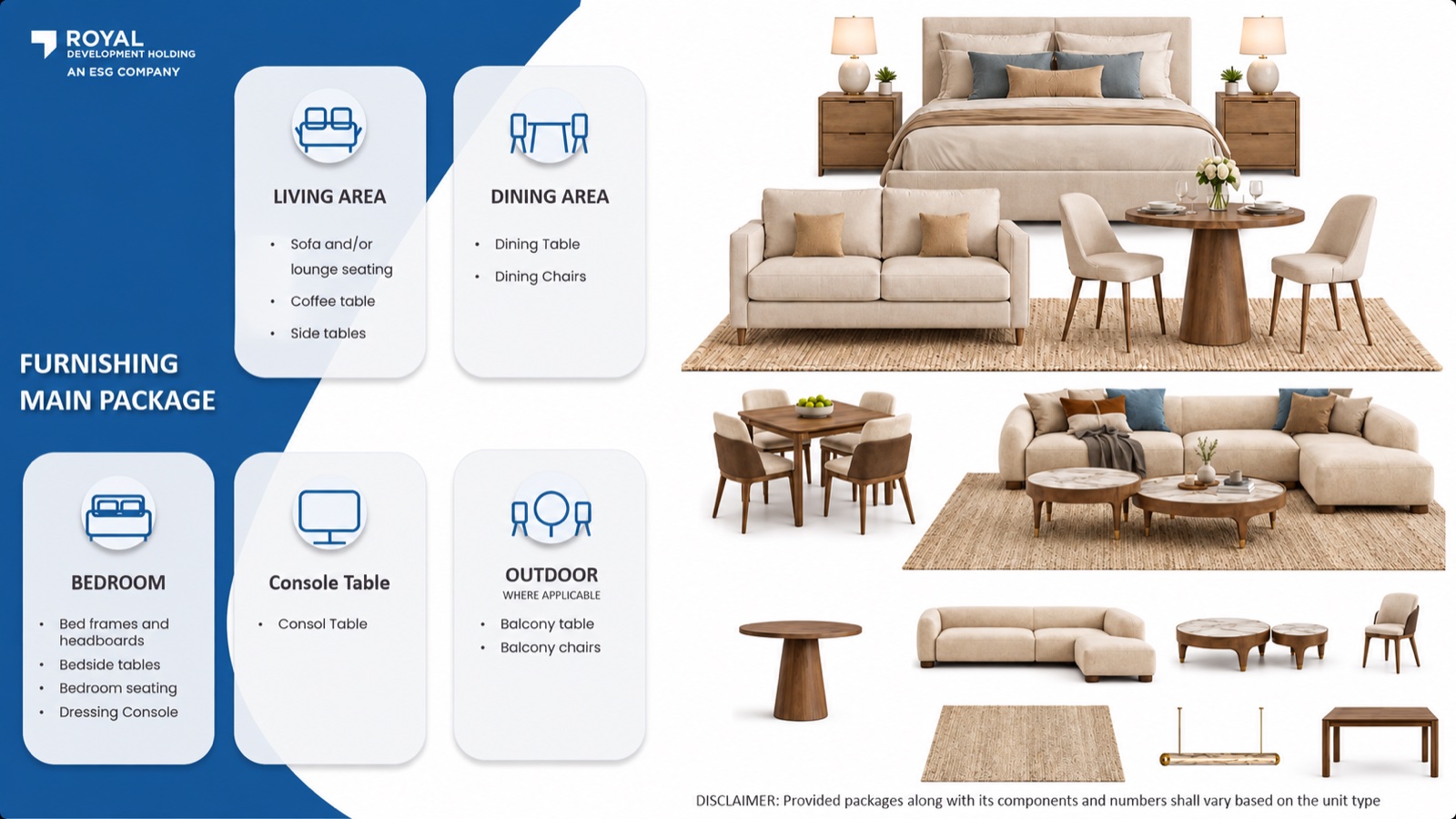 Furnishing main package: living area (sofa or lounge seating, coffee table, side tables), dining area (table, chairs), bedroom (bed frames and headboards, bedside tables, seating, dressing console), TV console table, and balcony table and chairs where applicable — with the developer’s furniture renders