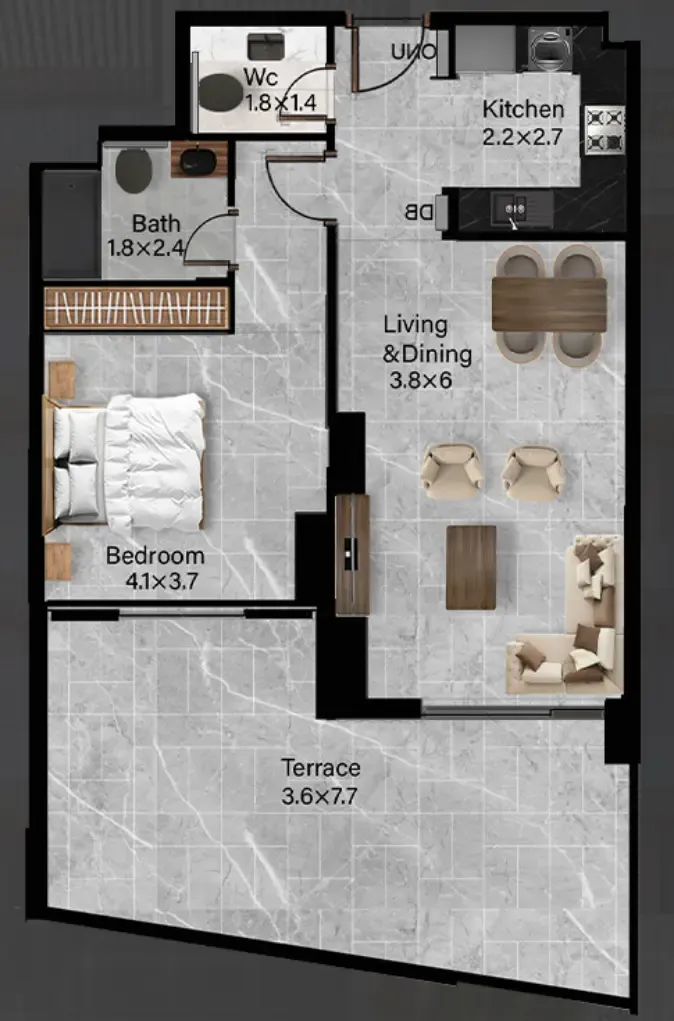 Rose Gardens 2 1 bed floor plan, 991 sqft
