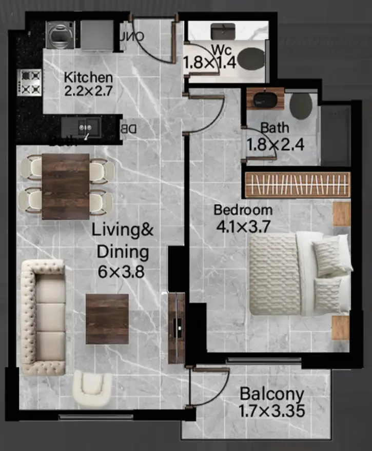 Rose Gardens 2 1 bed floor plan, 736 sqft