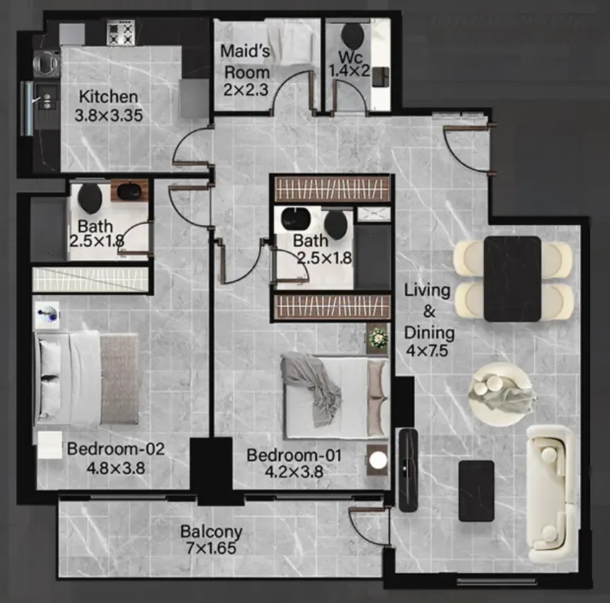 Rose Gardens 2 2 bed floor plan, 1,421 sqft
