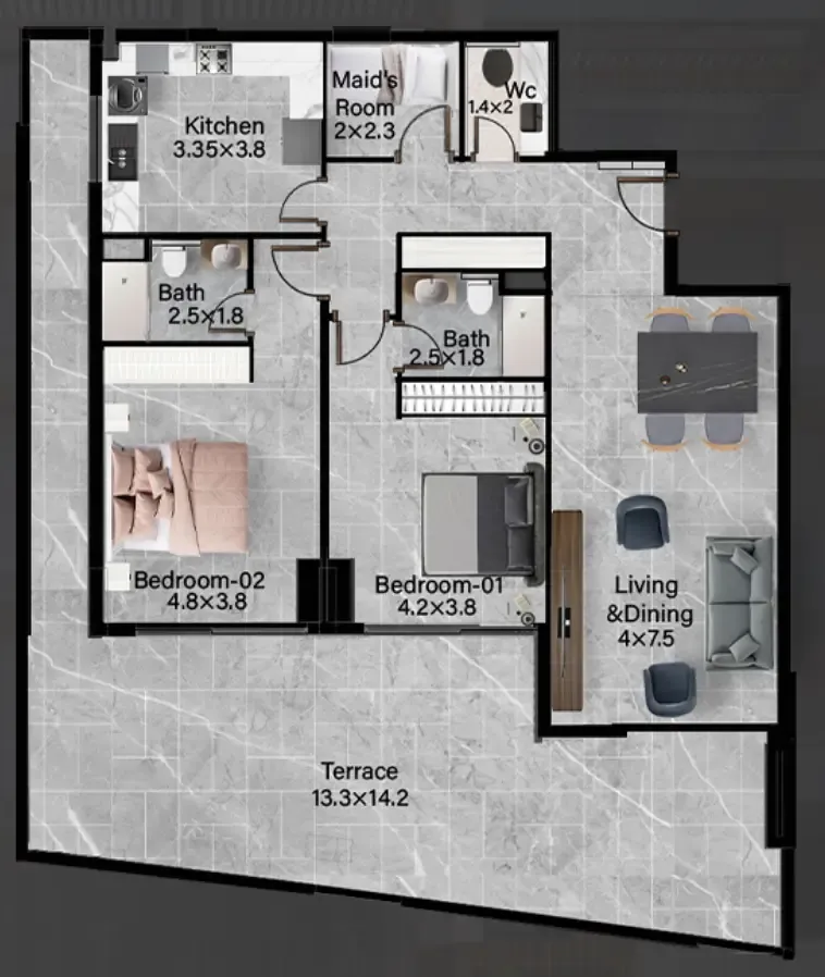 Rose Gardens 2 2 bed floor plan, 2,018 sqft