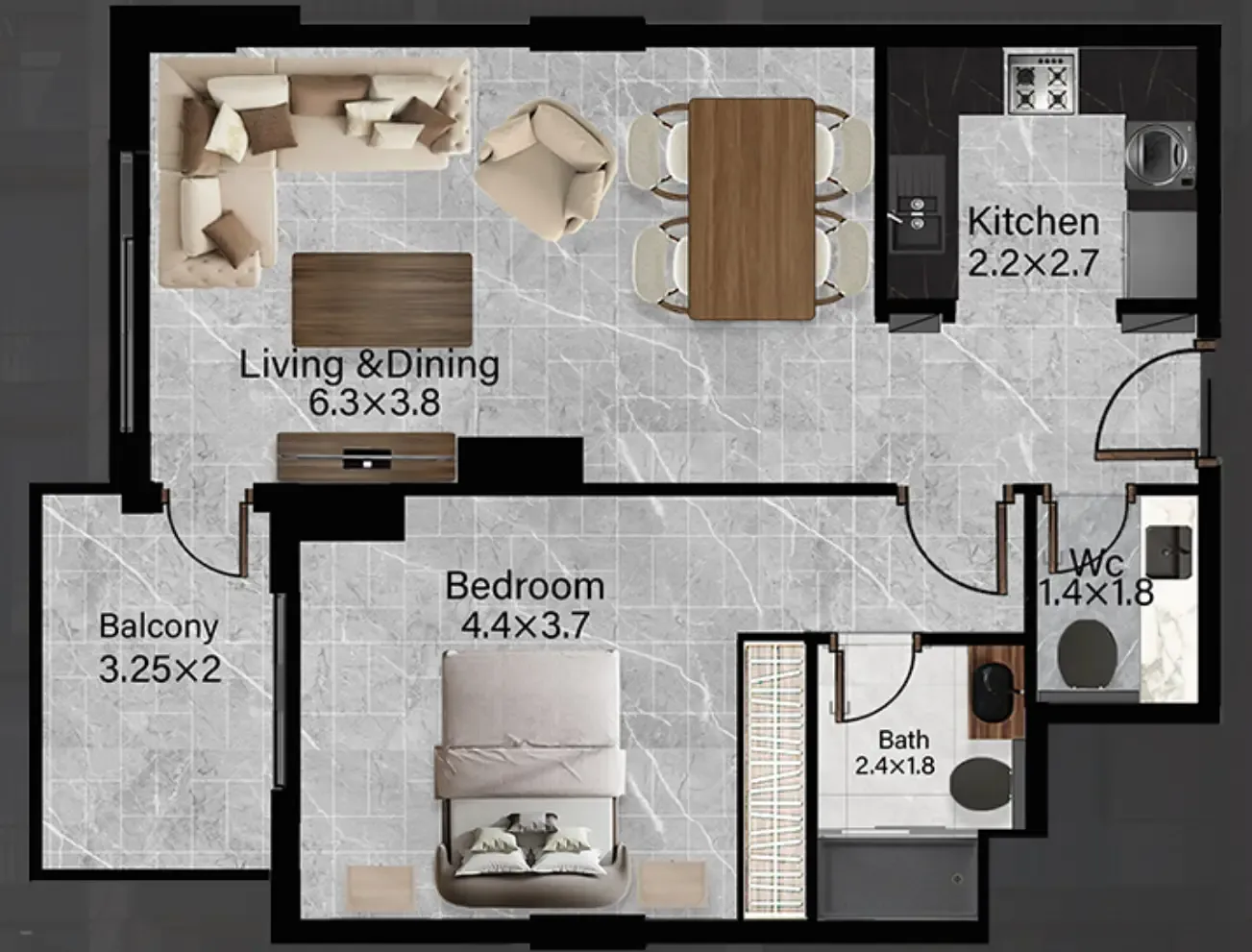 Rose Gardens 2 1 bed floor plan, 773 sqft