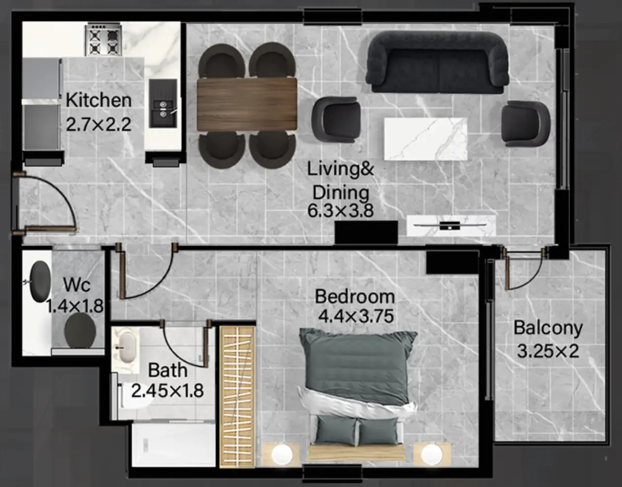 Rose Gardens 2 1 bed floor plan, 775 sqft