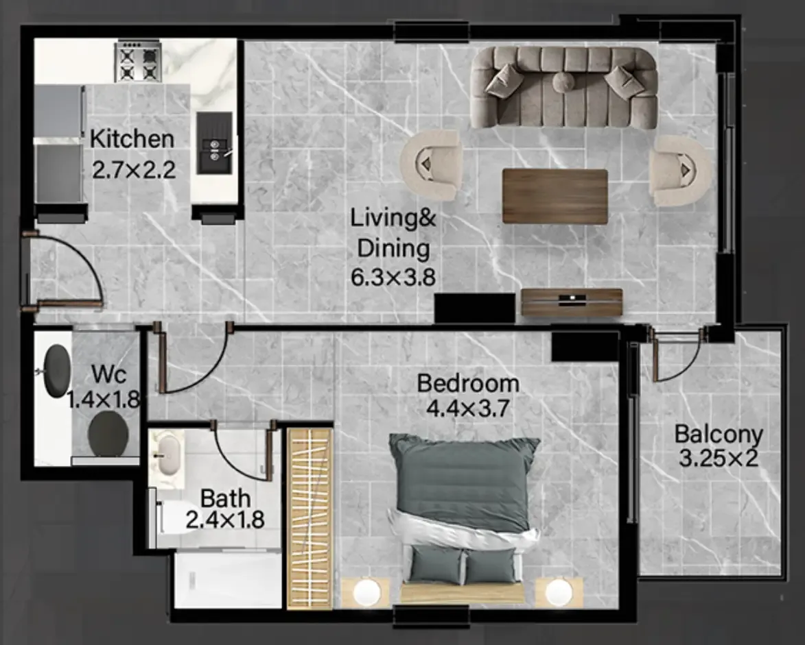 Rose Gardens 2 1 bed floor plan, 773 sqft