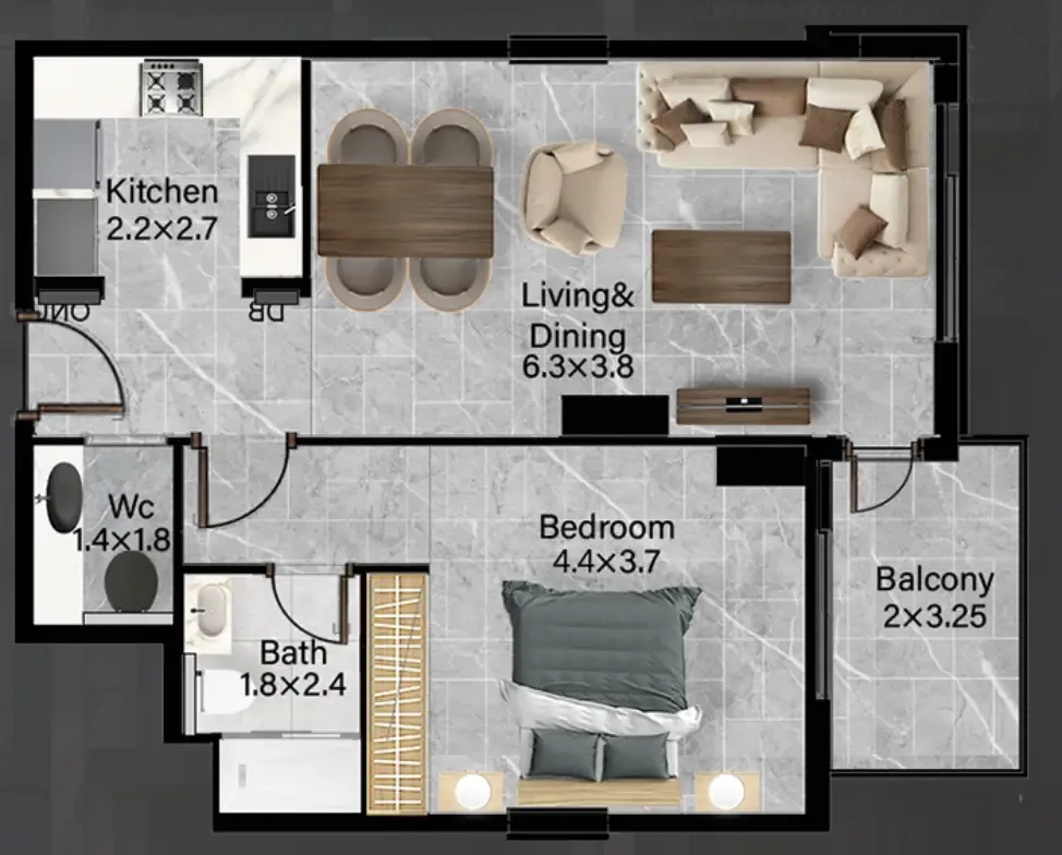 Rose Gardens 2 1 bed floor plan, 773 sqft