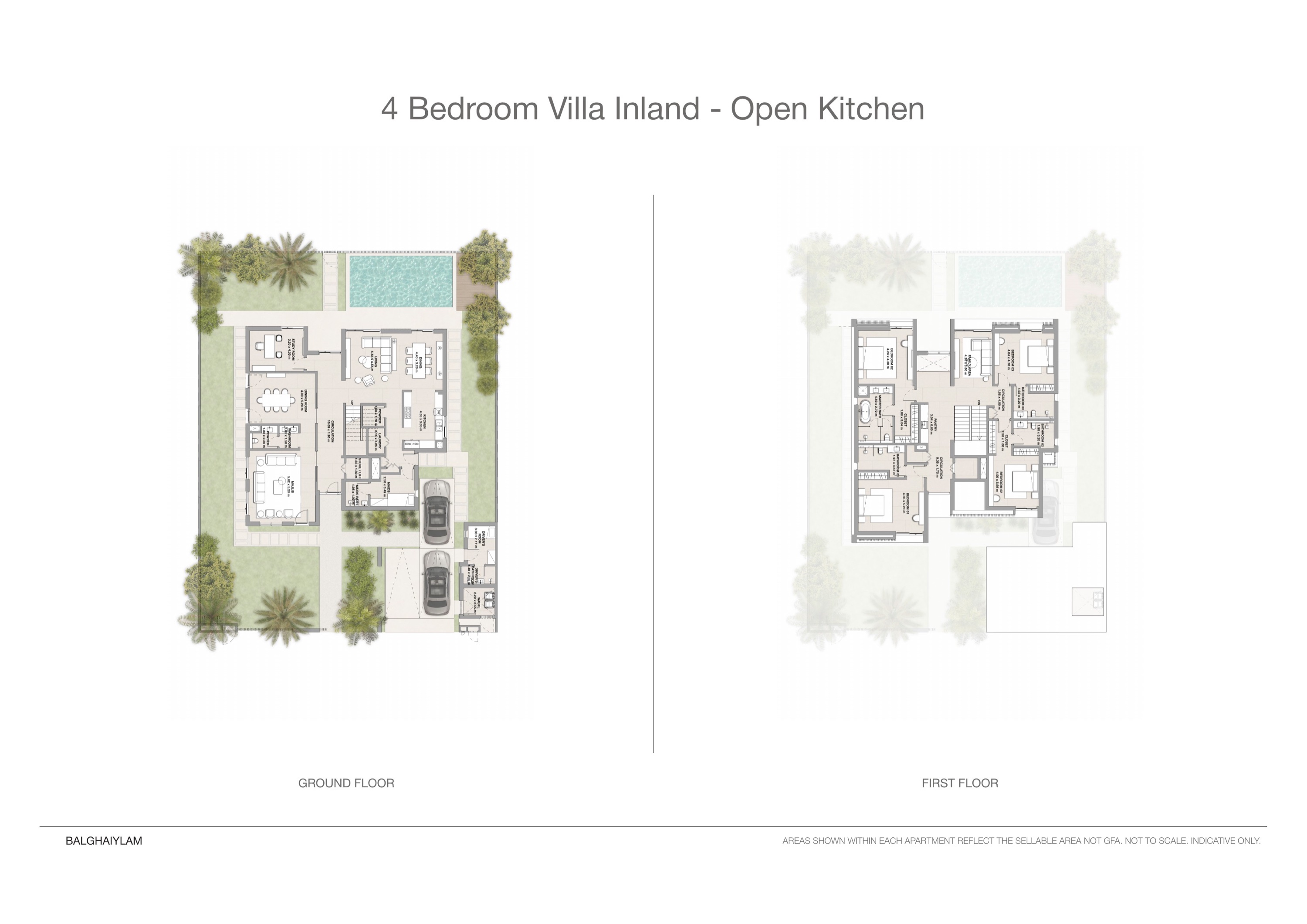 Yas Riva Reserve 4 bed floor plan — Inland · open kitchen, 4,704 sqft