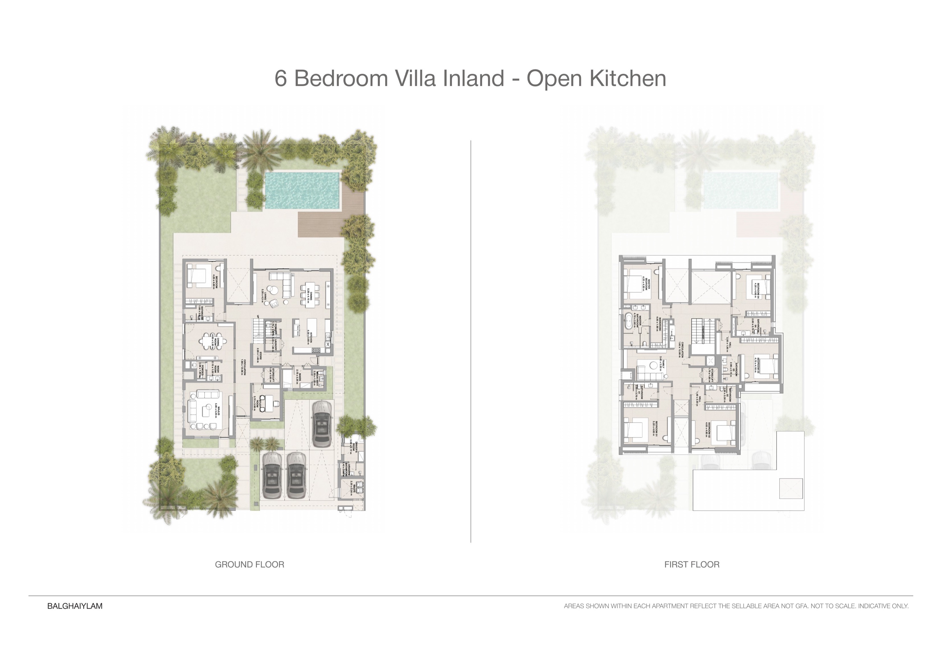 Yas Riva Reserve 6 bed floor plan — Inland · open kitchen, 5,791 sqft