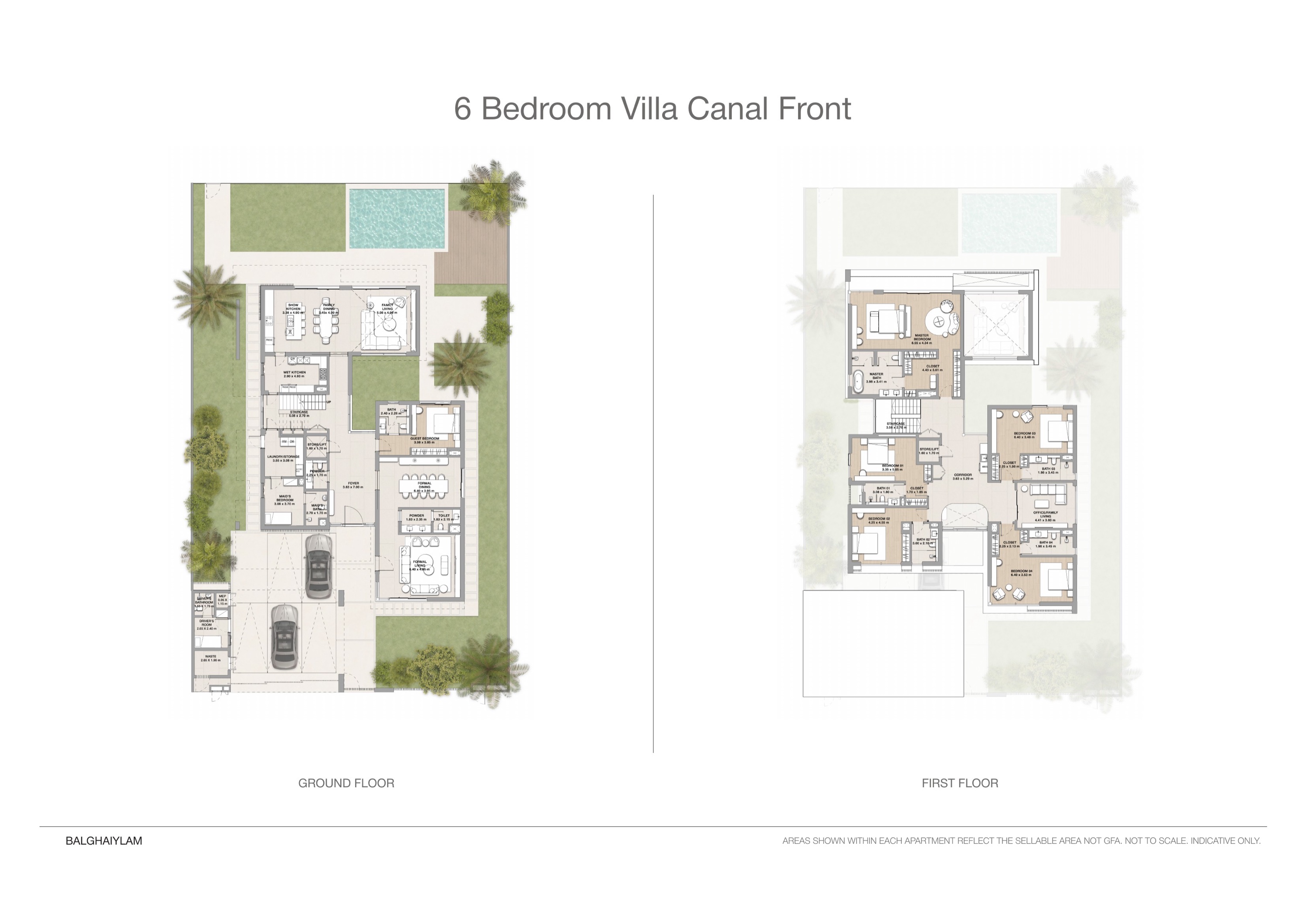 Yas Riva Reserve 6 bed floor plan — Waterfront · canal front, 6,555 sqft